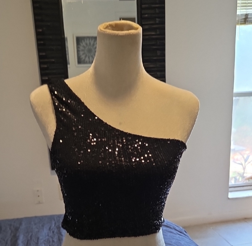 Elodie Black Sequin One-Shoulder Top